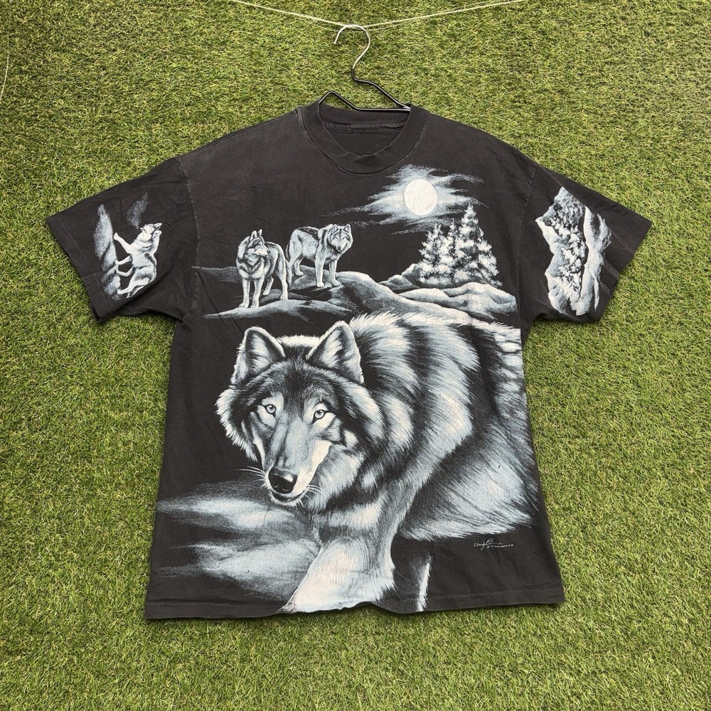 Vintage Wolf Pack AOP Shirt Mens Medium Single Stitch Nancy Blauers 90s Nature